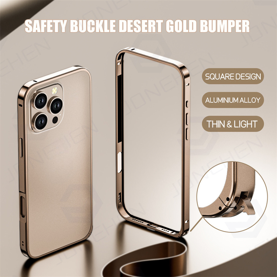 อลูมิเนียมโลหะกันชนกรณี Desert Gold สําหรับ iPhone 12 13 14 Plus 15 16 17 Pro Max 16p Ultra Thin Alloy กลับกรอบอุปกรณ์เสริม