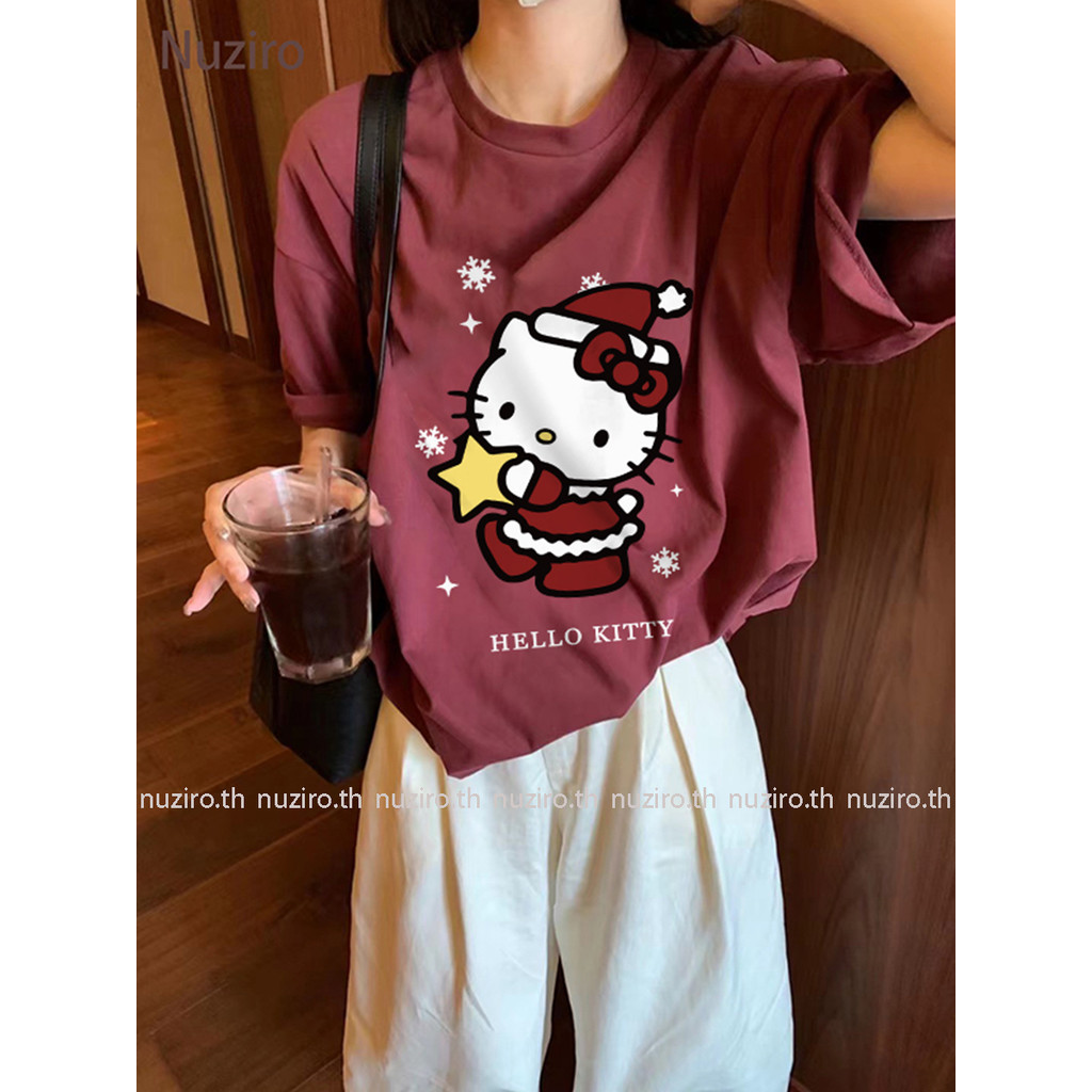 Nuziro เสื้อยืด oversize - การ์ตูนน่ารัก hellokitty พิมพ์เสื้อยืดแขนสั้นสำหรับผู้หญิง #I912