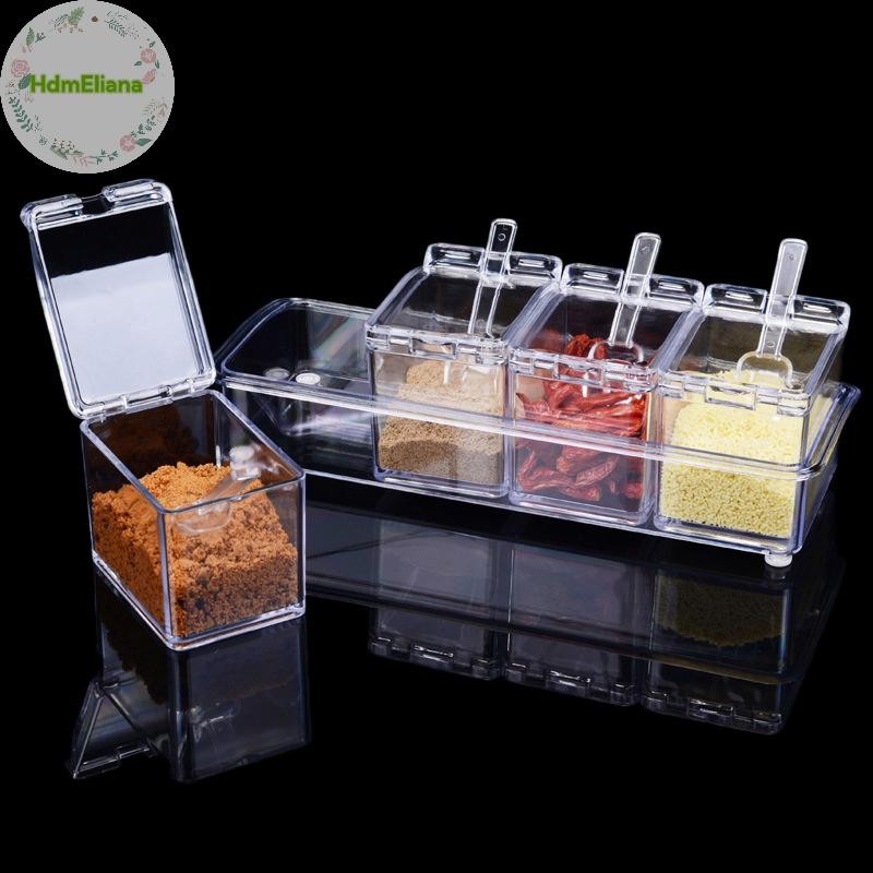 Hdmeliana 4 กริดโปร่งใสอะคริลิคกล่องปรุงรสเครื่องเทศขวดปรุงรส Muti-function ขวดเกลือน้ําตาลอุปกรณ์ครัวขวดเครื่องเทศ TH
