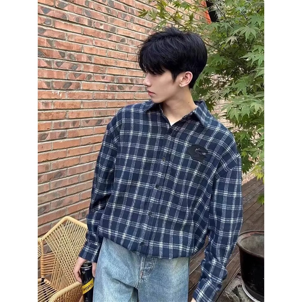 ฤดูใบไม้ผลิสไตล์เกาหลีรุ่น คนพาล หล่อระดับไฮเอนด์หลวมสบายๆเสื้อแขนยาวลายสก๊อต