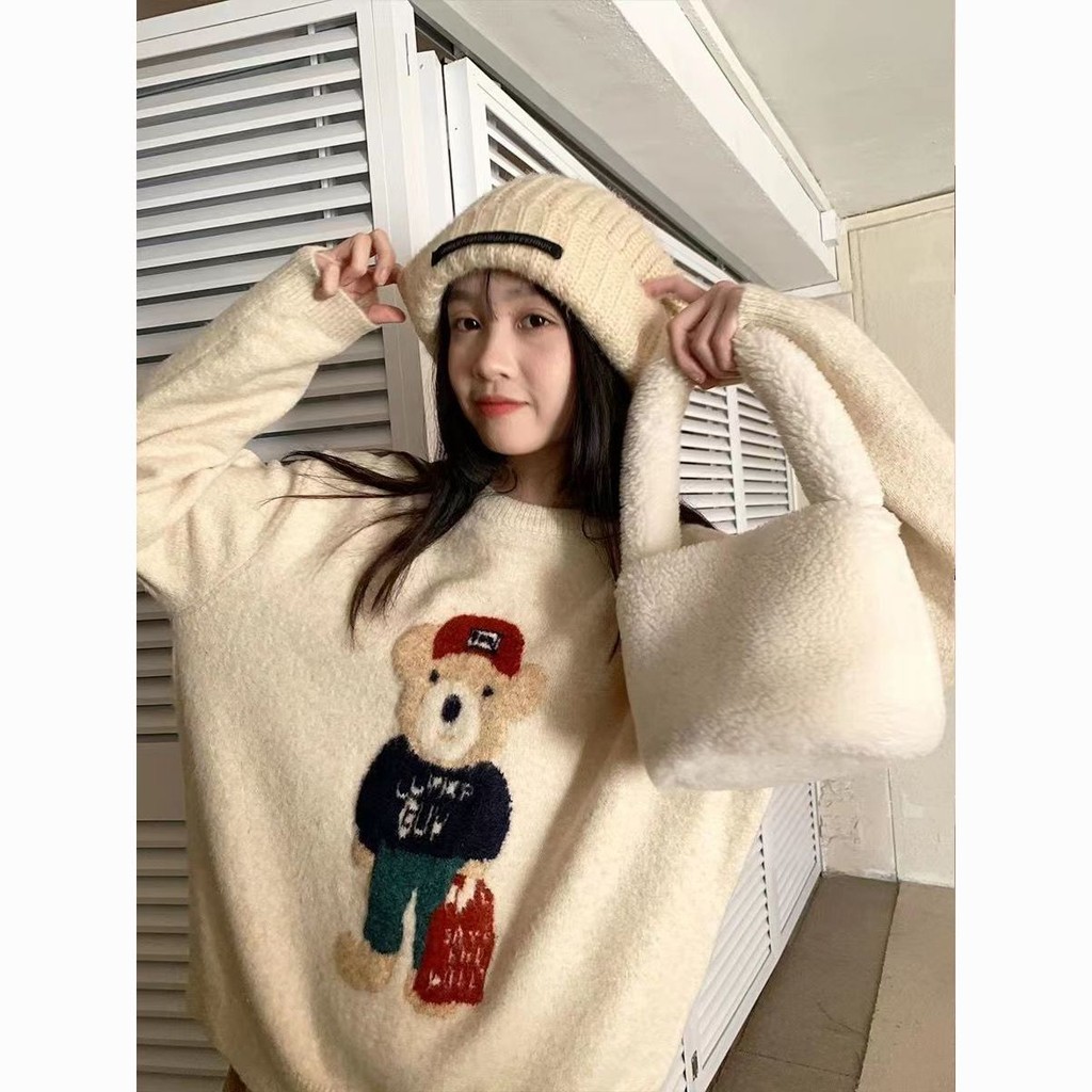 เสื้อกันหนาวการ์ตูน เสื้อไหมพรมด้านบนหวานฤดูใบไม้ร่วงฤดูหนาวเสื้อสวมหัวแฟชั่น