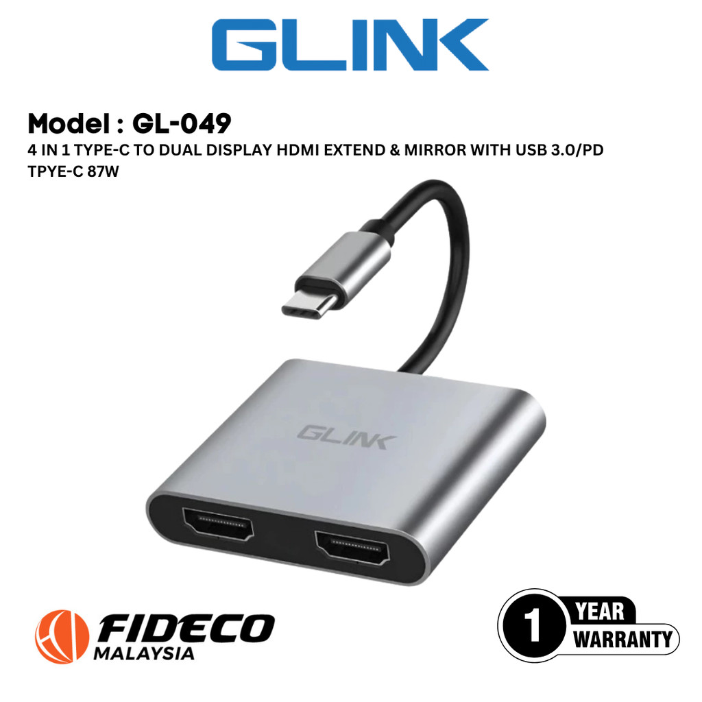 Glink GL-049 ฮับ Type-C 4 in 1 พร้อม 2x HDMI, USB 3.0, อินพุต PD 87W Type-C, อุปกรณ์อเนกประสงค์ที่รอ