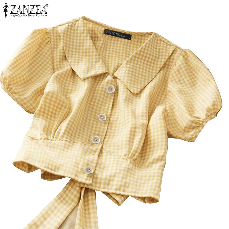 ZANZEA สเวทเชิ้ตแขนสั้นสำหรับผู้หญิง สไตล์เกาหลี ลายสก๊อตพร้อมโบเต่า Cutout