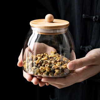 โหลแก้วฝาไม้ เก็บวัตุดิบ ทรงโอ่ง กระปุกใส่ขนม ขวดใส่เครื่องปรุง Food Storage #AM-0004