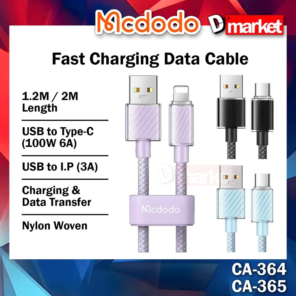 Mcdodo CA-364 Data Cable 100W Fast Charging Cable สาย USB Mobile Kabel 1.2M 2M ความยาว Mcdodo CA-365