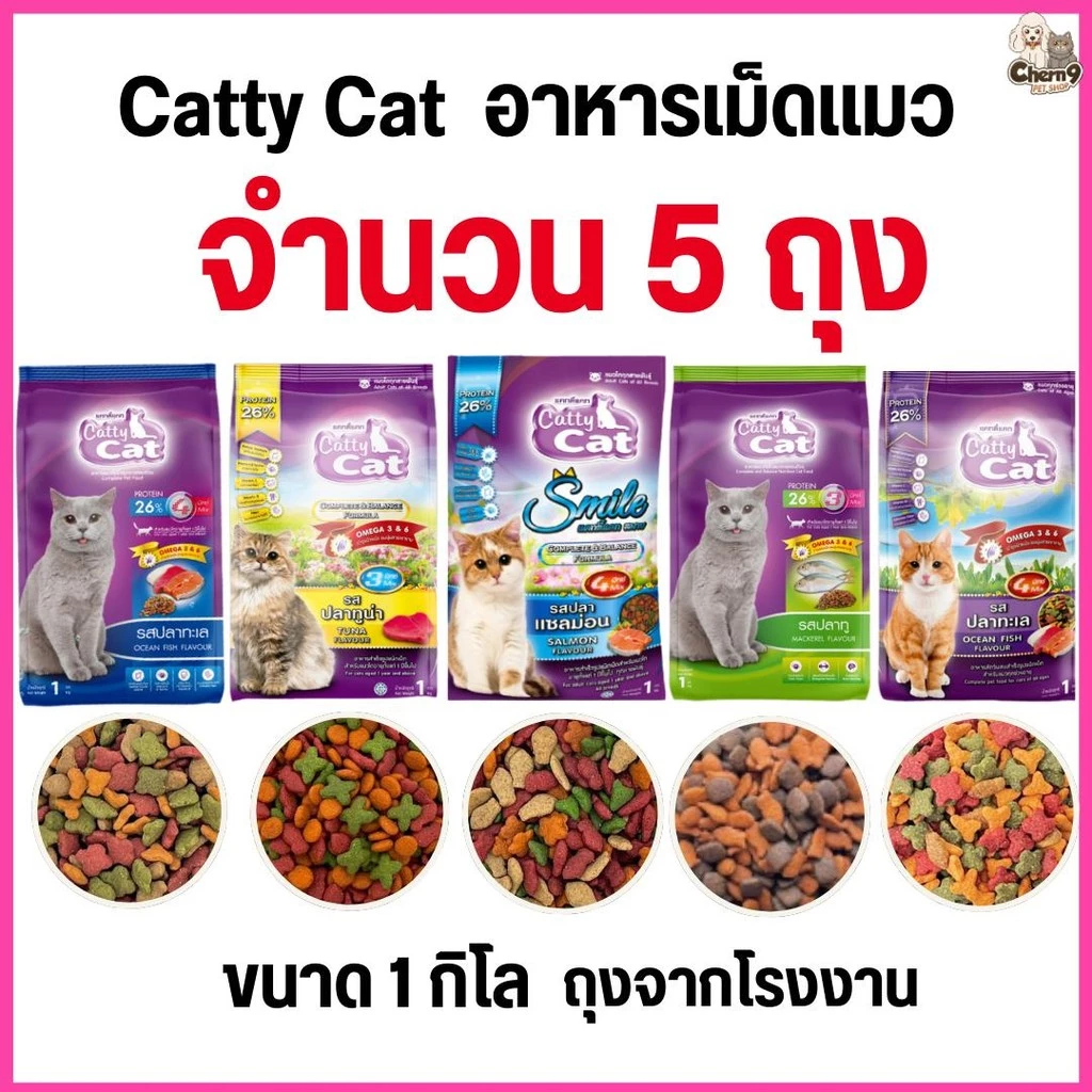 [[จำนวน 5 ถุง]] อาหารแมว catty cat โปรตีน26% ขนาด1กิโลกรัม*ถุงจากโรงงาน*