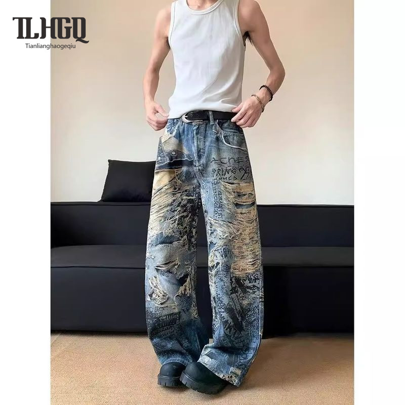TLHGQ American Retro High Street หลวมแฟชั่นแบรนด์ตรงขากว้าง Tie-Dyed พิมพ์กางเกงยีนส์