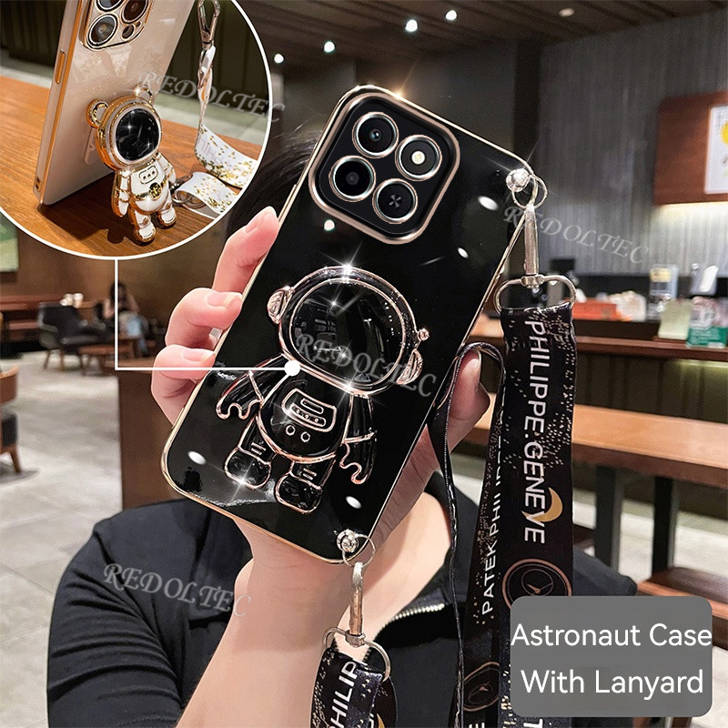 เคส Honor X6C 2025 ใหม่แฟชั่นน่ารัก 6D Electroplated เคสโทรศัพท์ Honor X6 C พร้อมนักบินอวกาศขาตั้งผู้ถือยาว Crossbody เชือกเส้นเล็กสําหรับสาว