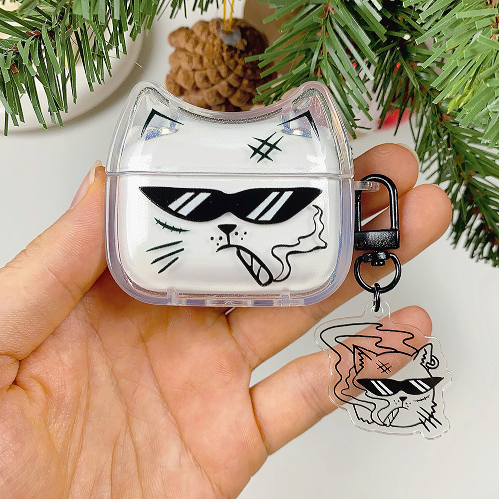 แว่นกันแดด Cat Boss Cat หูแขวน Hard โปร่งใส TPU หูฟังสําหรับ AirPods 1 2 3 4 Pro 1 2 หูฟัง Rotective