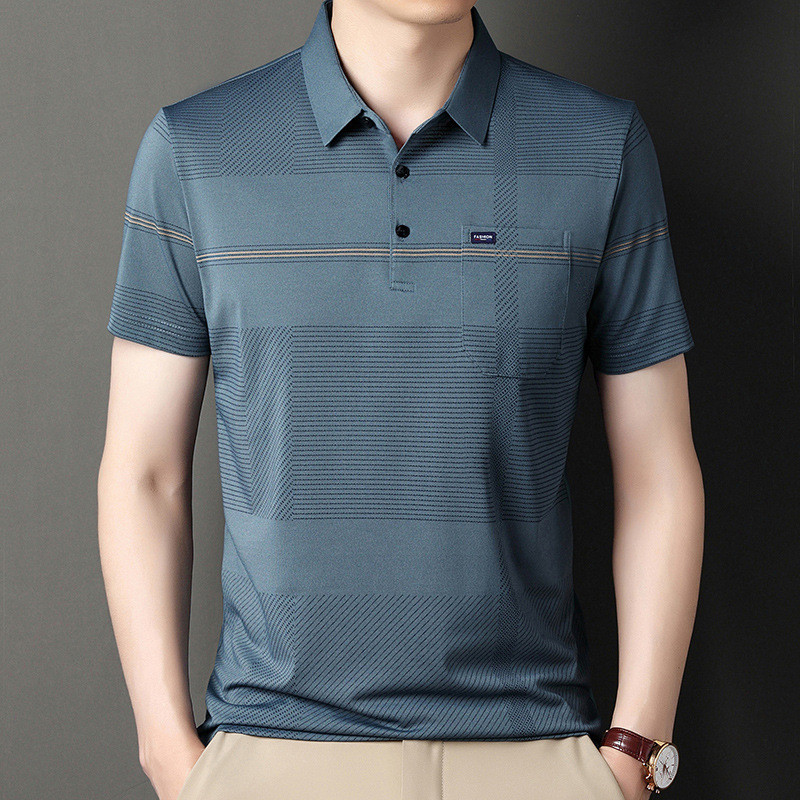 เสื้อโปโลผู้ชาย ผ้าไหมน้ำแข็ง ลายคอปก ระบายอากาศดี เหมาะสำหรับฤดูร้อน