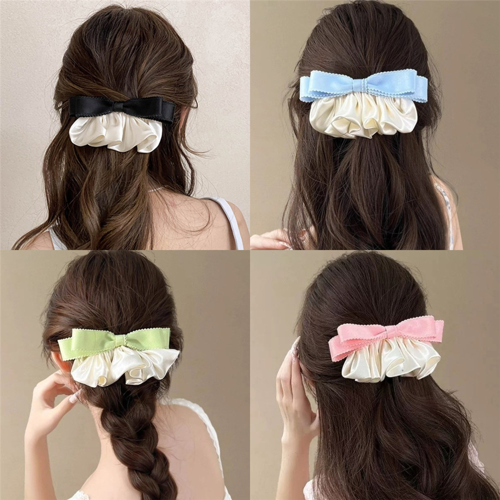 กระโปรงผ้าซาตินฝรั่งเศสแบบโบว์ กิ๊บติดผมไฮเอนด์ สำหรับผมระดับกลาง คลิปหน้า머리 ฤดูใบไม้ผลิ