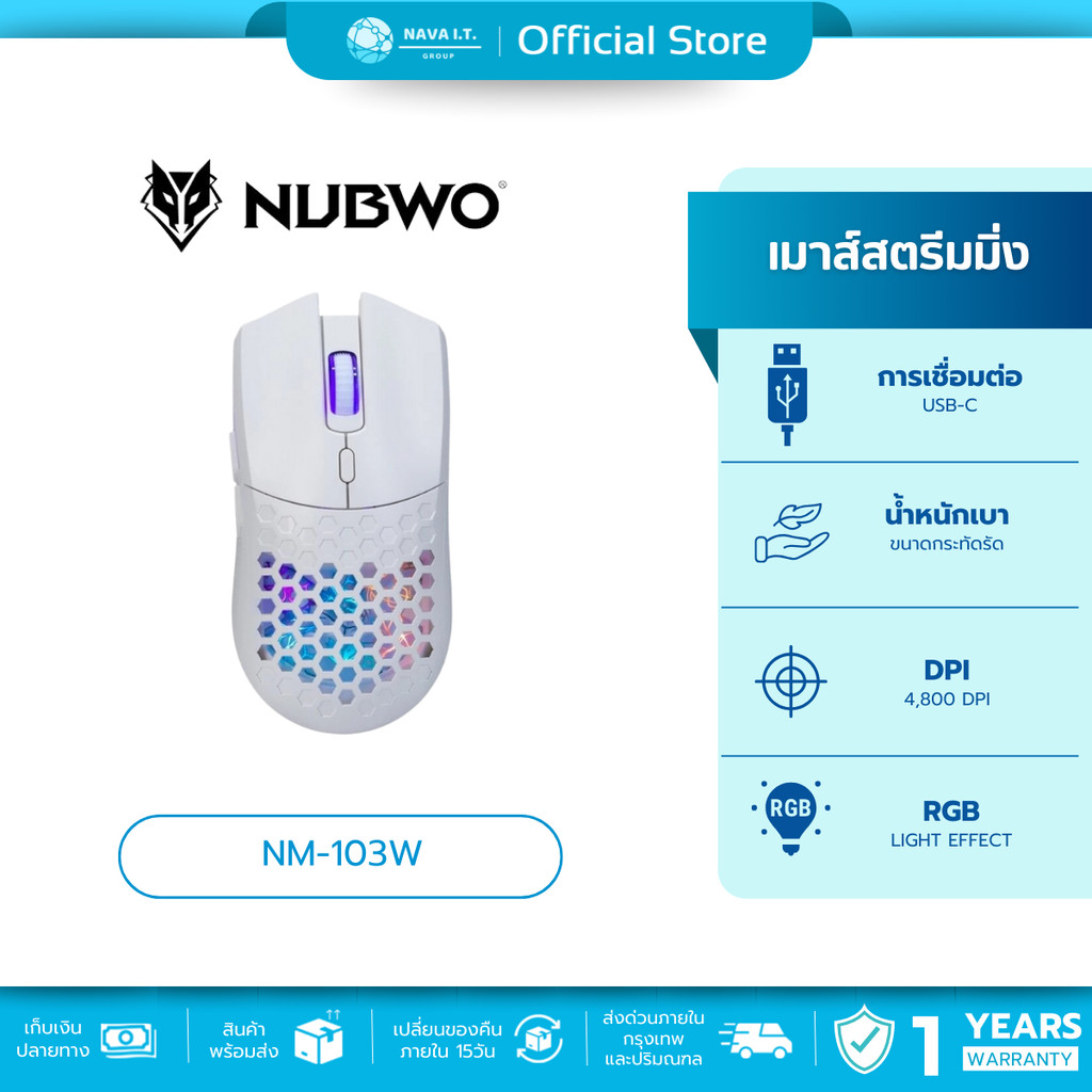 🛵มีส่งด่วน💨 NUBWO NM-103W WHITE DUAL MODE GAMING MOUSE มีไฟ RGB ปรับ DPI ได้ รับประกัน 1ปี