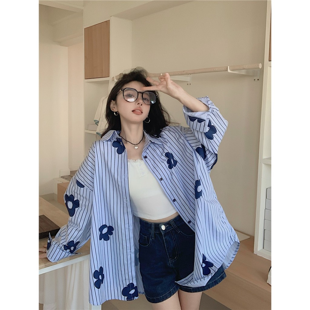 ล้างสต็อก💓 MUJ002 เสื้อลายทางแขนยาวไหล่ตก พิมพ์ลายดอกไม้สุดน่ารัก ใส่คลุมชิคๆ  รอบอก44 สาวอวบ สาวอ้วนใส่ได้ - รูปที่ 5