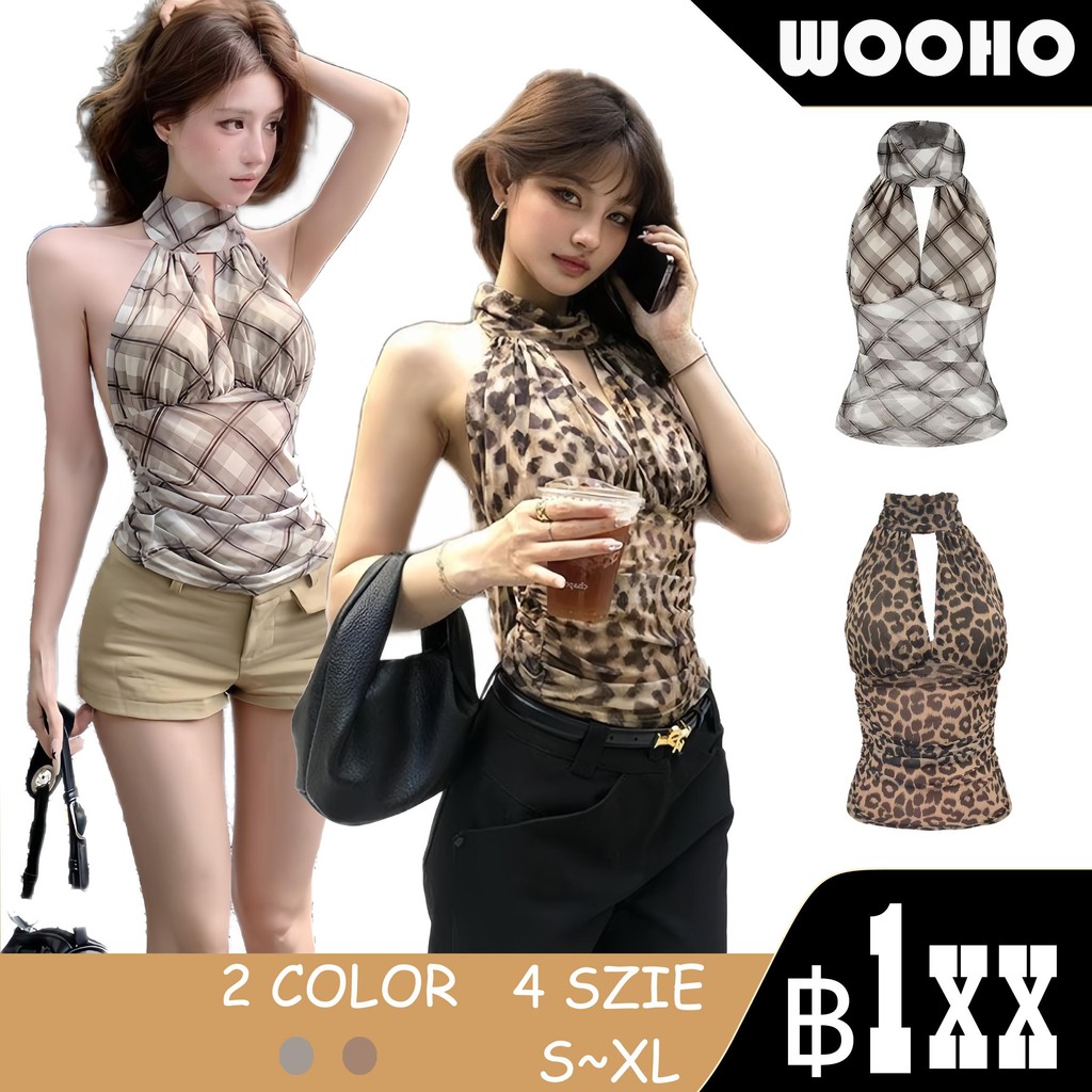 WOOHO.เสื้อกล้าม Mesh ลายตาราง สำหรับผู้หญิง แนบเนื้อ เซ็กซี่   รัฟเฟิล