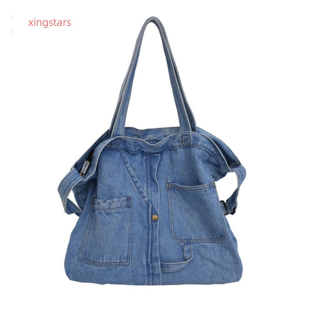 XINGSTARS กระเป๋าลำลอง ทรงสี่เหลี่ยมทำจากผ้าเดนิม พร้อมซิบสีน้ำเงิน ใช้งานได้จริง