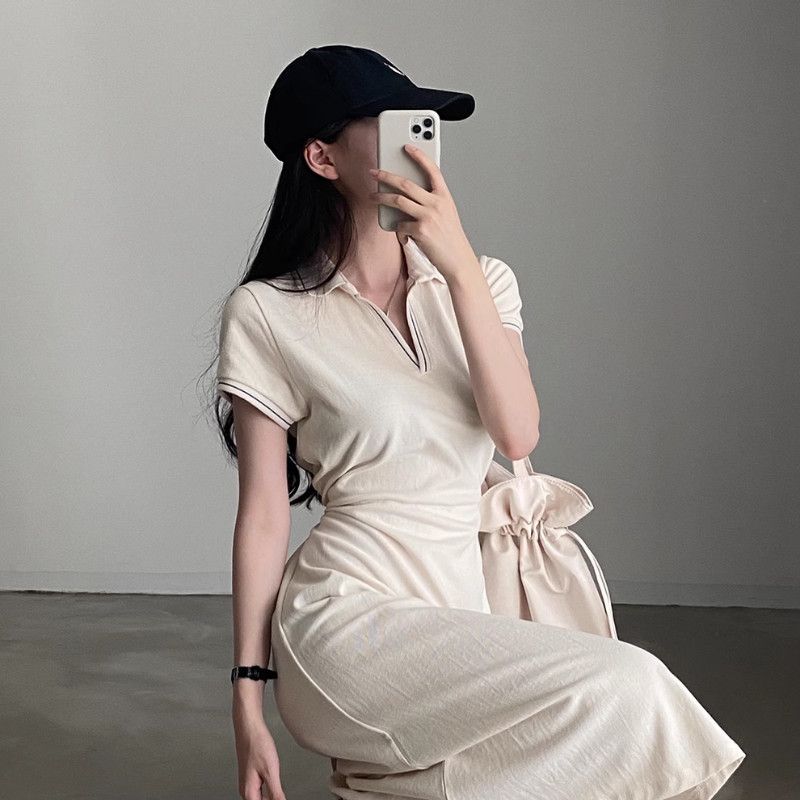 【S-4XL】 เดรสยาว เดรสทำงาน ออกงานสีเบจ คอปกคอวี แขนสั้น ทรง A-line ยาวคลุมเข่า เดรสพลัสไซซ์ - รูปที่ 3