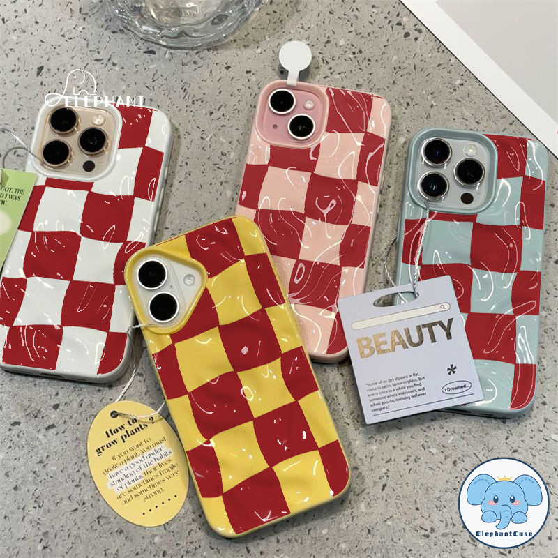 เคสไอโฟน 11 สำหรับ IPhone 11 13 15 16  14 12 Pro Max 15 14 16 6 6S Plus XR เคสกันน้ำลายตารางคลื่นสีแดงแฟชั่น