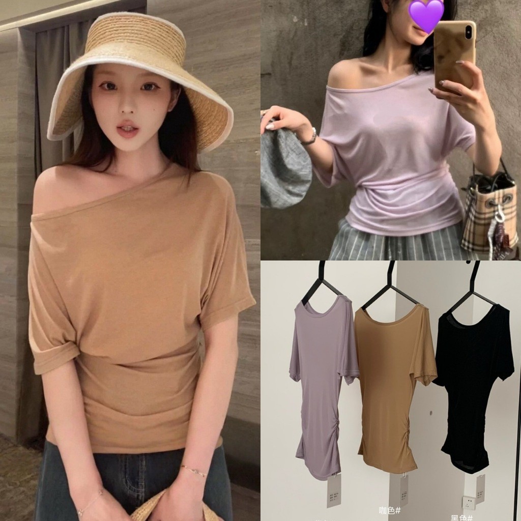 W6472 เสื้อปาดไหล่แขนสั้น ผ้าทอร่องเนื้อนิ่ม ทรงสวย ใส่ปล่อยๆได้เลยค่ะ ยืดหยุ่นได้ ผ้าแฟชั่นเกาหลี TAG WG.WE