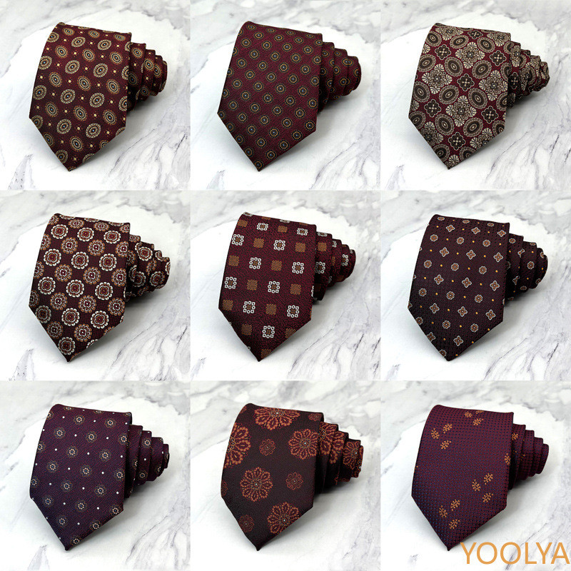 ผู้ชายคลาสสิก Tie Gravatas แฟชั่นสีแดงเข้มทอดอกไม้ลายสก๊อตเนคไทงานแต่งงานอุปกรณ์เสริม