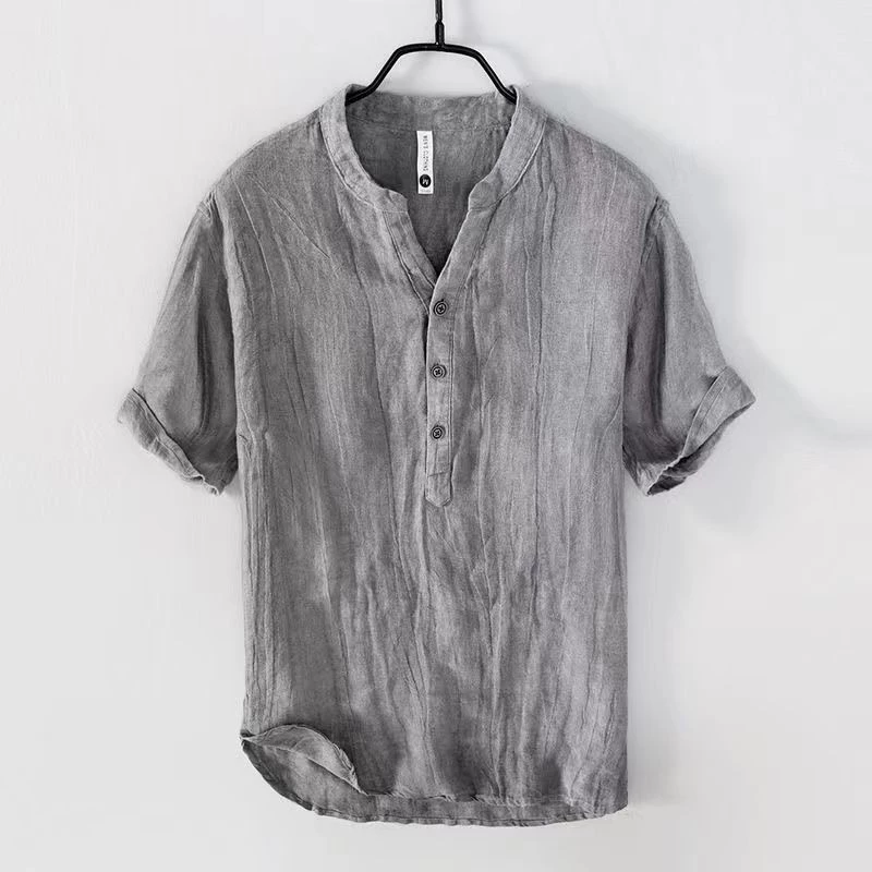 เวอร์ชั่นเกาหลีผ้าลินินผ้าฝ้ายธรรมดาคอกลมปุ่ม-เสื้อคาร์ดิแกนหน้าอกเสื้อแขนสั้นติดตั้งทํางานด้านบนของผู้ชาย