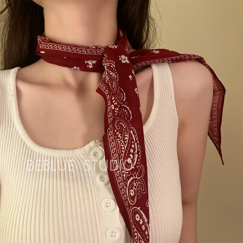 Retro Encore ผ้าพันคอสามเหลี่ยมผ้าไหม สไตล์หางม้า ลายดอกไม้สีแดงมะม่วงหิมพานต์ แฟชั่นผู้หญิงพรีเมียม