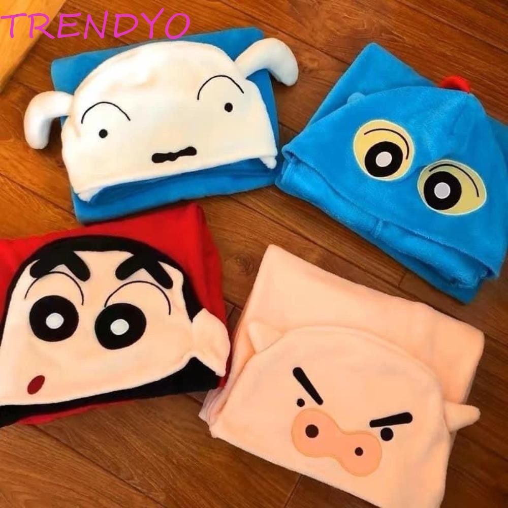 TRENDYO ผ้าห่มเครยอนชินจัง, ผ้าห่มเครื่องปรับอากาศที่อบอุ่นการ์ตูน, ทนทาน Kawaii Coral Velvet Soft Hooded Cape ผ้าห่ม Nap