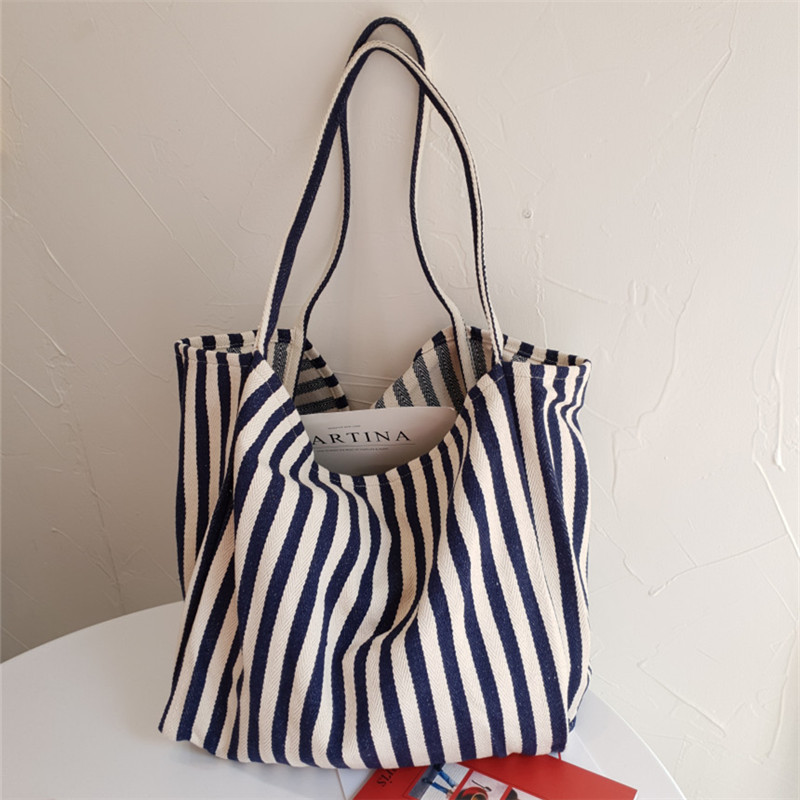 กระเป๋าผู้หญิง กระเป๋าผ้าลายทาง แคนวาส มินิมอล Tote Bag สะพายไหล่ ทรงสวย