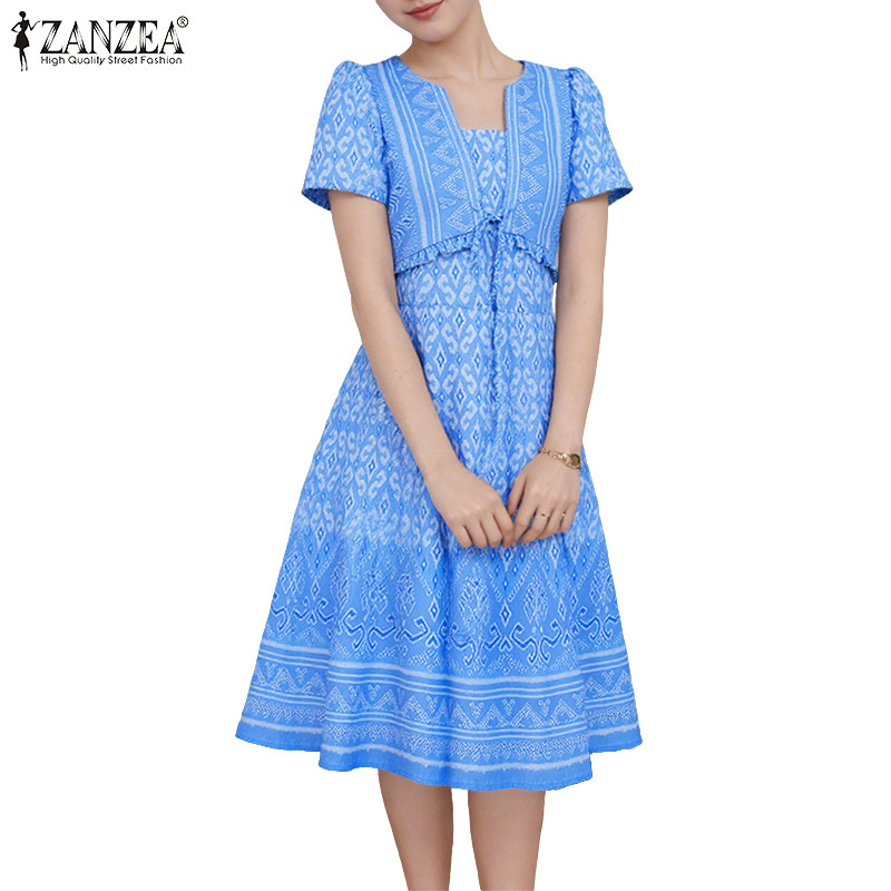 ZANZEA ชุดชิ้นเดียวสำหรับผู้หญิง สไตล์เกาหลี ดีไซน์คอว่าวแขนสั้น พิมพ์ลายสวยงาม