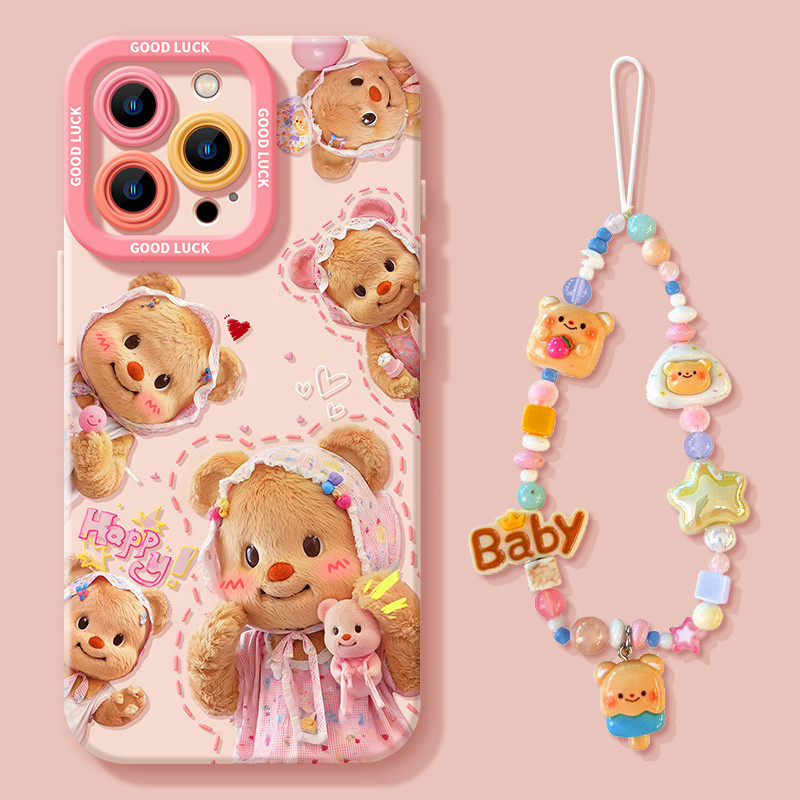 X.Apple 15 เคสโทรศัพท์ iPhone16promx Butter Bear 16 Silicone pro Super Hot พร้อมเชือกเส้นเล็กสีชมพูน่ารัก