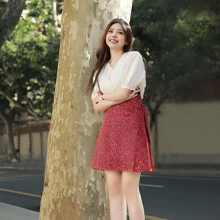 กระโปรงสั้นแบบผูกได้ กระโปรงลายดอกไม้ทรงเอ