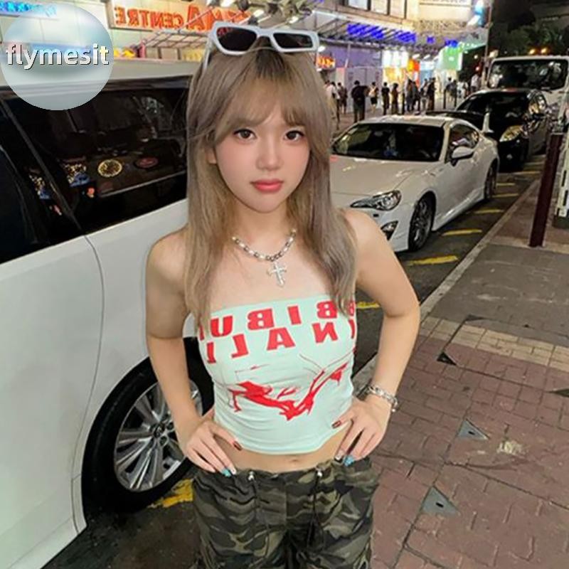 Flymesit เสื้อกะบินสแล็บอดแขนกุดไม่มีสายบ่าสไตล์ Y2K พิมพ์ลายสำหรับผู้หญิง สไตล์ฤดูร้อน