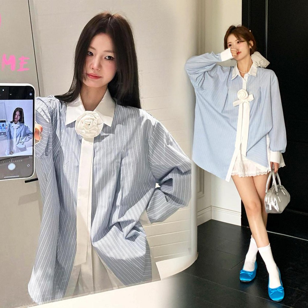 Chili Koko เสื้อเชิ้ตลายทางสีฟ้าสำหรับผู้หญิง ในช่วงฤดูร้อน เสื้อแจ็คเก็ตกันแดด สไตล์เรโทรชิค W636