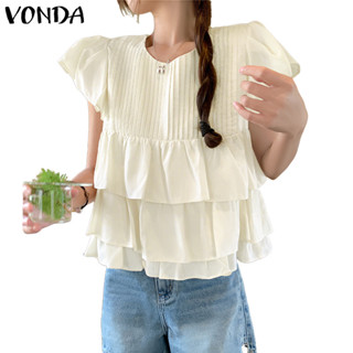VONDA ผู้หญิงสไตล์เกาหลี แขนสั้น หลายเลเยอร์พร้อมริบบอน เสื้…
