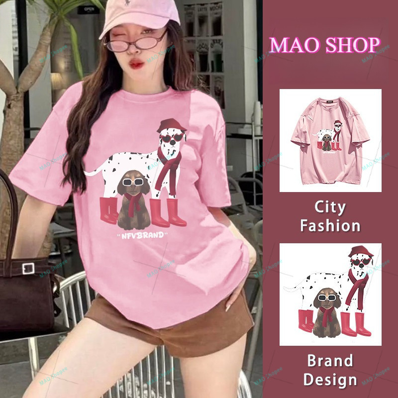 COD✅ (จัดส่งในกรุงเทพฯ) MAO Shop เสื้อยืดแขนสั้นคอกลม ลายสุนัขสวมแว่นกันแดด ใส่สบาย ผ้าฝ้ายแท้ ทรงหลวม -A17
