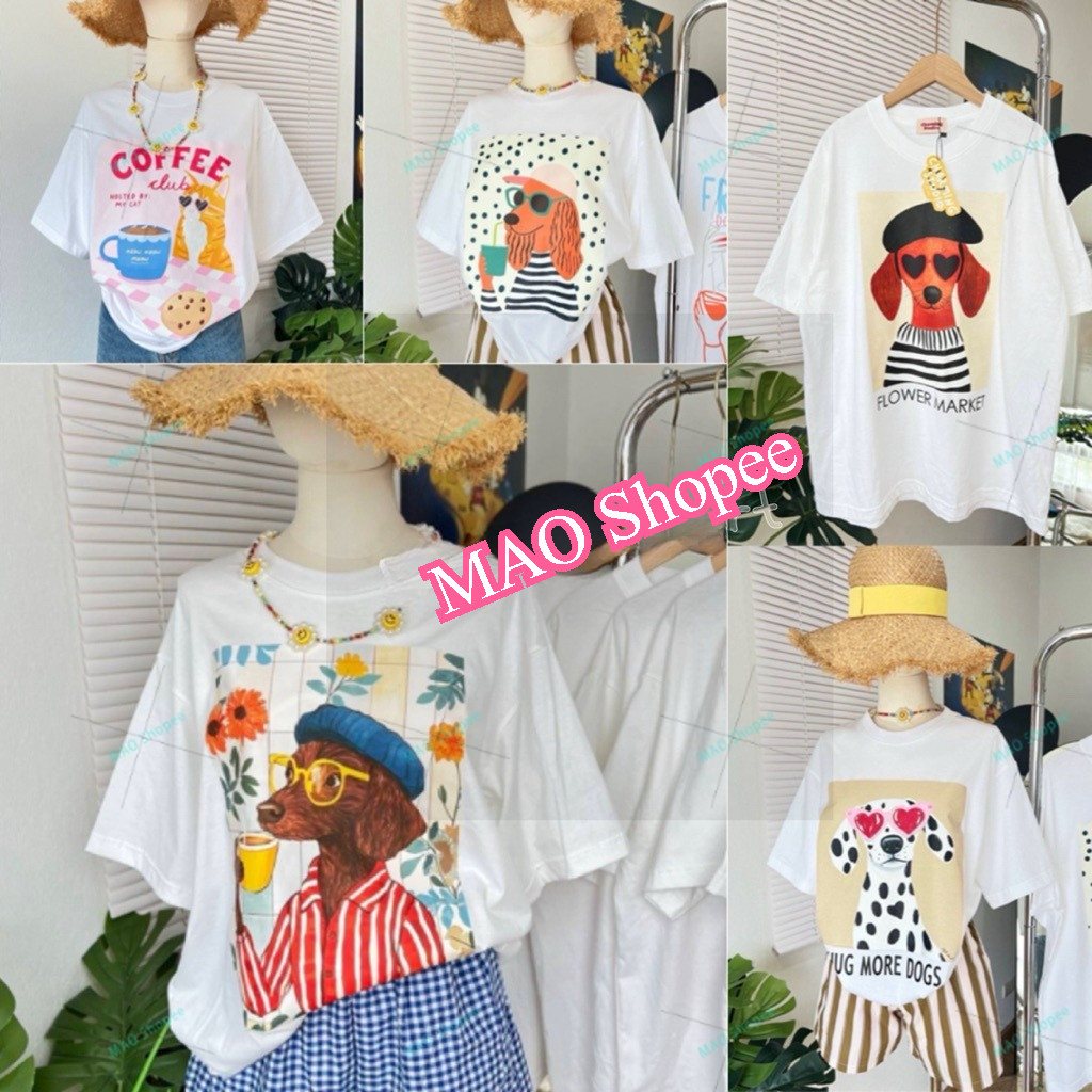 COD✅ (จัดส่งในกรุงเทพฯ) MAO Shop เสื้อยืด Oversize ป้าย Charming รวมน้องหมาสีขาว-a11