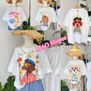 COD✅ (จัดส่งในกรุงเทพฯ) MAO Shop เสื้อยืด Oversize ป้าย Charming รวมน้องหมาสีขาว-a11
