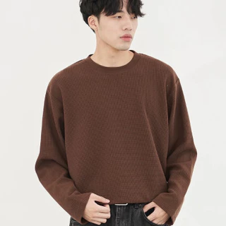 PROMAN วแขนยาววาฟเกอร์ผู้ชาย สีบริสุทธิ์ เสื้อยืด ทรงหลวมสไตล์เรียบง่าย ทรงเข้ารูปขั้นพื้นฐาน มีให้เลือกหลายสี ขนาดM-