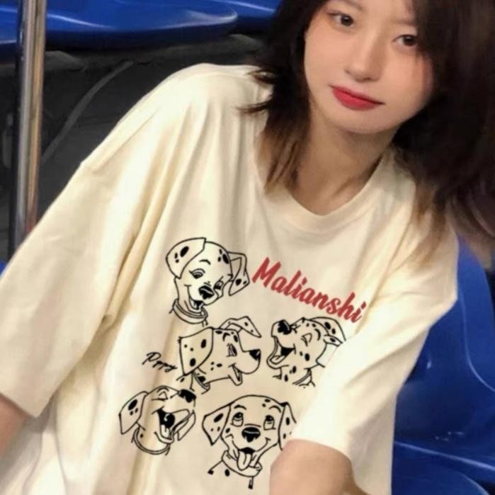 Y-T เสื้อยืดโอเวอร์ไซส์ สวมใส่สบาย เสื้อยืดผู้หญิง ผ้าฝ้าย 100% ไม่เกิดริ้วรอยง่าย ภาพพิมพ์ "101 ลายหมาโพลก้าดอท" 4xl