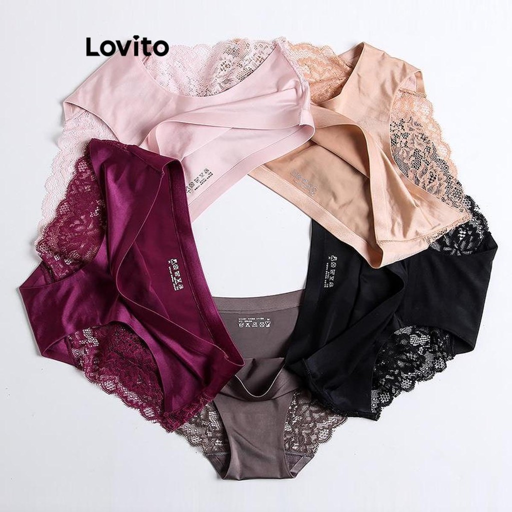Lovito กางเกงชั้นในผู้หญิง ลูกไม้ สีพื้น สไตล์ลำลอง LNL58224