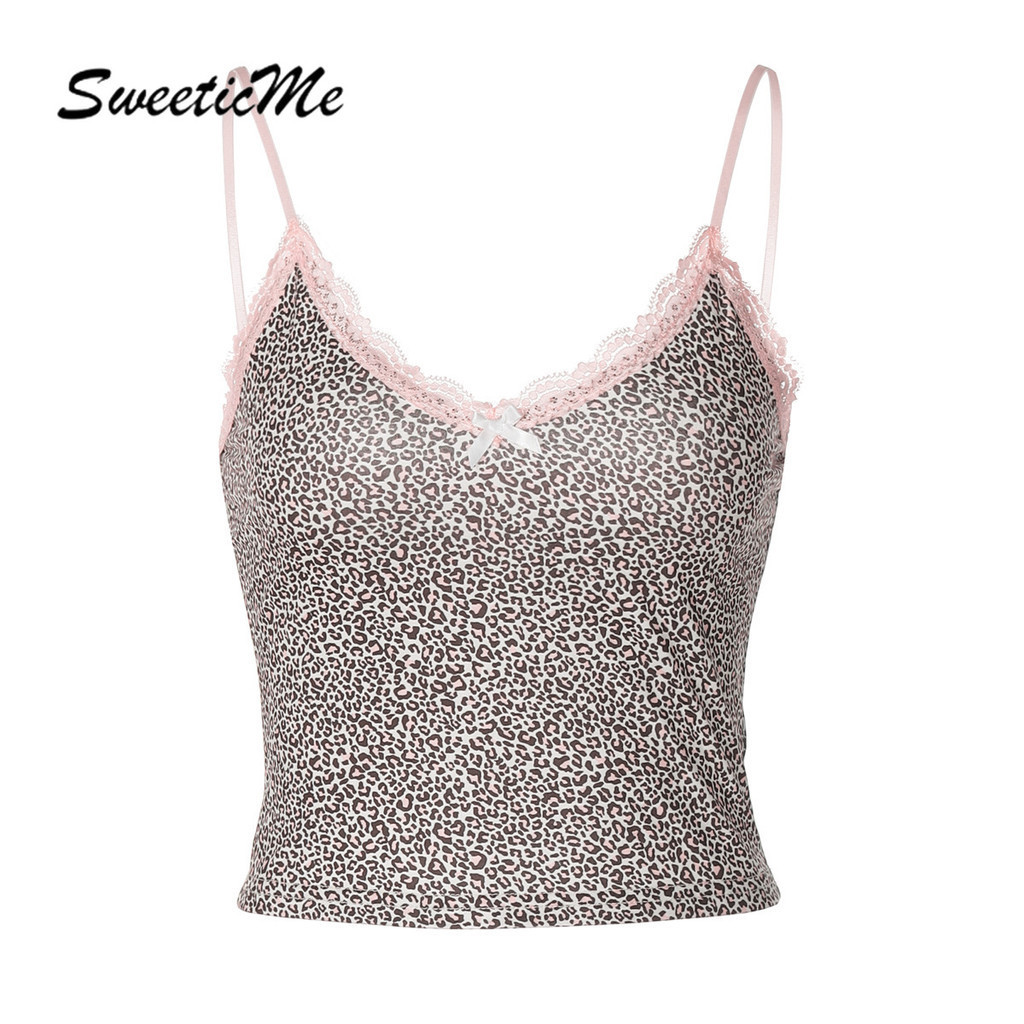 Sweeticme ผู้หญิง 2024 ใหม่แฟชั่นเซ็กซี่เสือดาวพิมพ์ลูกไม้ V คอ Causal สายคล้องคอเสื้อกล้าม Camisole