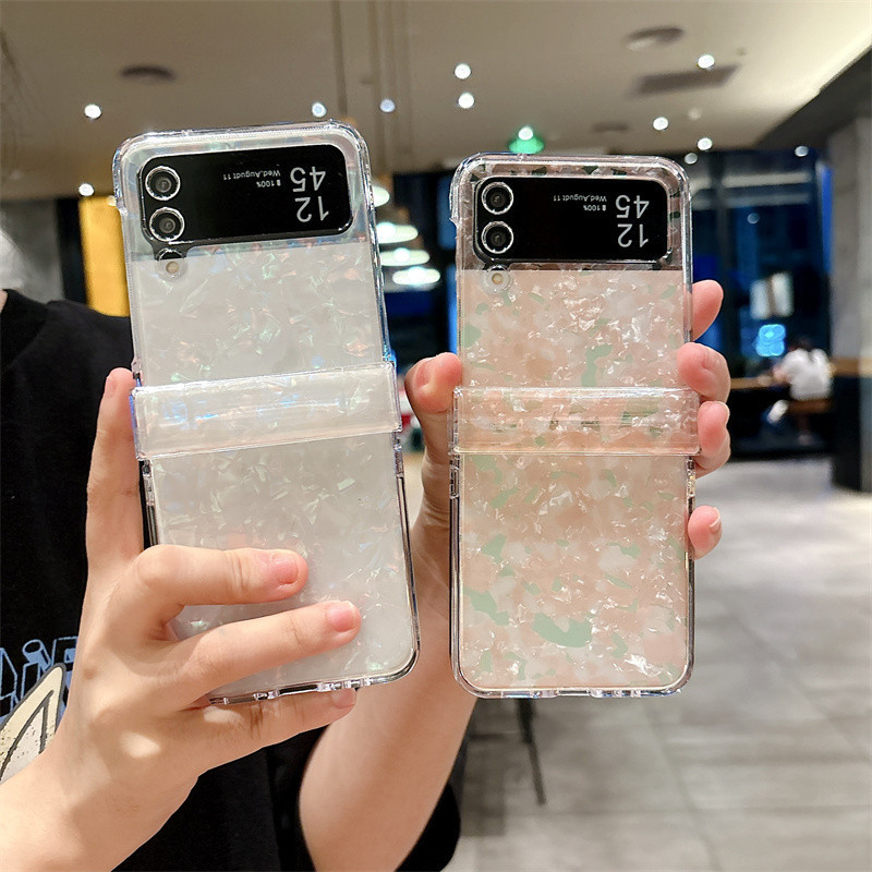 สําหรับ Samsung Galaxy Z Flip 3, Z Flip 4, เคสโทรศัพท์แบบพับได้ลายเปลือกหอยแฟชั่นพร้อมฝาครอบป้องกันพีซีเคลือบเงา