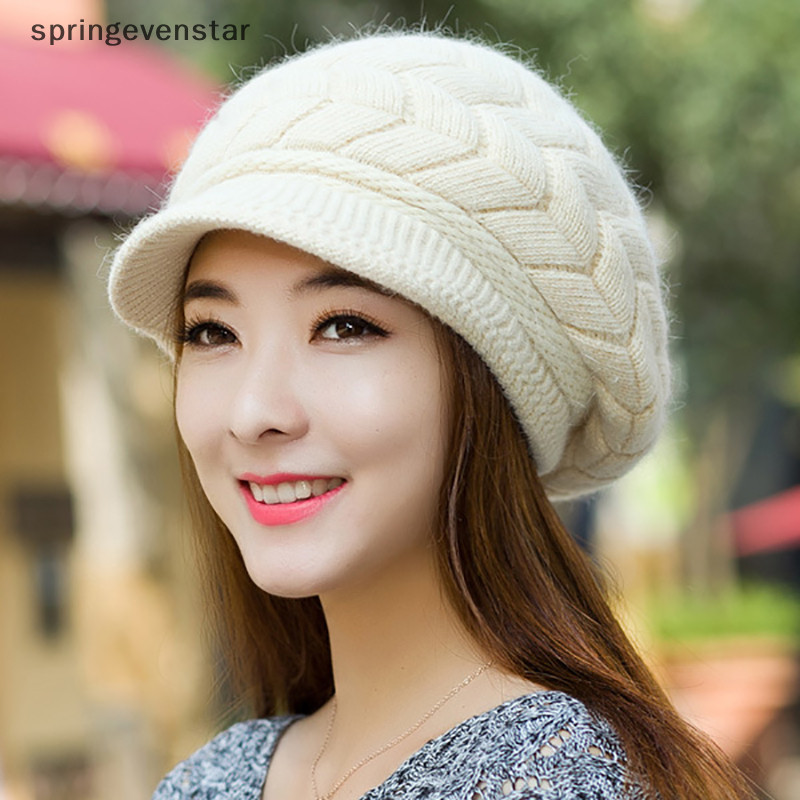 Springevenstar หมวกผู้หญิงฤดูหนาวที่อบอุ่นถักหมวกกระต่ายผมสองชั้นบวกกํามะหยี่หมวก Visor Beanies สําหรับผู้หญิงสบายๆ Springevenstar