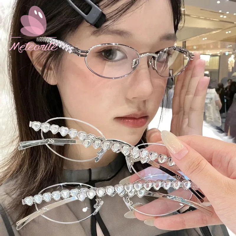 Heart Diamonds กรอบแว่นตาด้านข้าง – ผู้หญิง Punk Retro Silver Oval แว่นตา – Y2K Rhinestone กรอบแว่นตารูปไข่