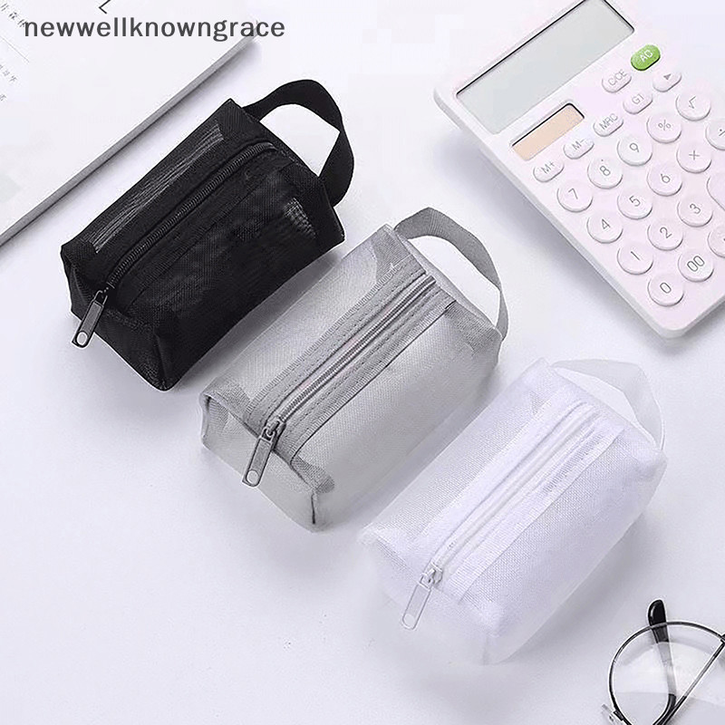 Newwellknowngrace ไนลอนเรียบง่ายตาข่ายสี่เหลี่ยมเล็กกระเป๋าแต่งหน้ากระเป๋าใส่เหรียญสามมิติ Key ID ผู้ถือบัตรเครดิตกระเป๋าตาข่ายซิปกระเป๋าเก็บ TH