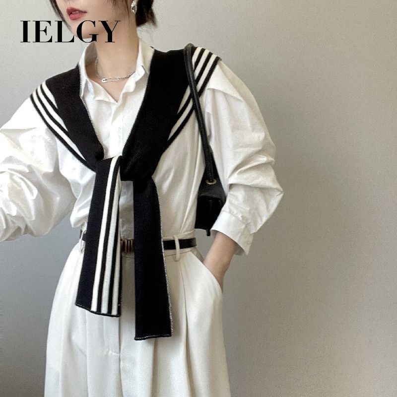 IELGY ผู้หญิงเสื้อด้านนอกลายทางสีดําและสีขาวขนาดเล็กถักผ้าคลุมไหล่ไหล่