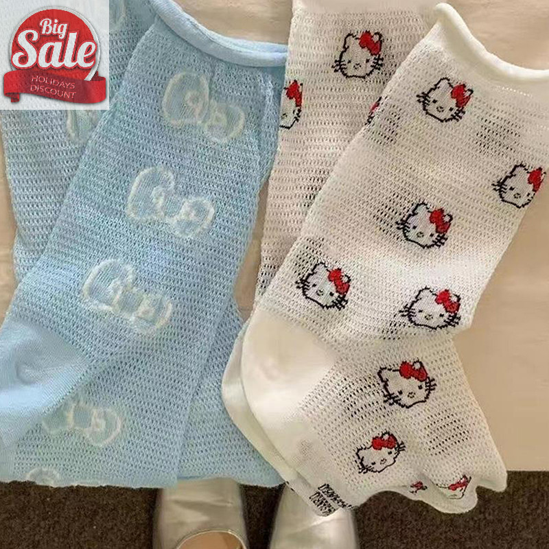 Af การ์ตูน Sanrio ถุงเท้าน่ารัก Hello Kitty Bow ถุงเท้ากลางหลอดผ้าฝ้ายบางกีฬาตาข่าย Hollow ถุงเท้าระบายอากาศหวาน Girly หัวใจของขวัญ A