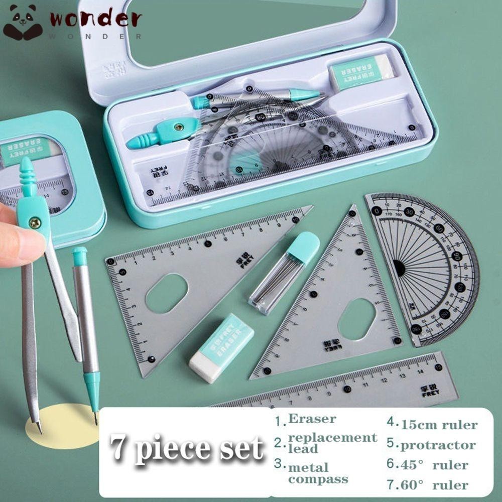 Wonder 7 ชิ้น/เซ็ตไม้บรรทัดเข็มทิศชุด Multi-Function วัดสํานักงานคณิตศาสตร์เรียนรู้เครื่องเขียนยางลบ