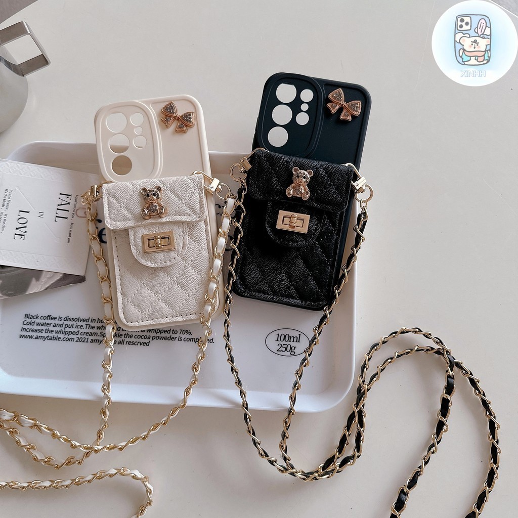 ใหม่ 3D Bow Bear Lingge Card Case เคสโทรศัพท์เหมาะสําหรับ Samsung Galaxy S22 S23 S24Plus Ultra S20 S21 FE แนวทแยงข้ามแขวนเชือก Anti Drop ฝาครอบป้องกัน
