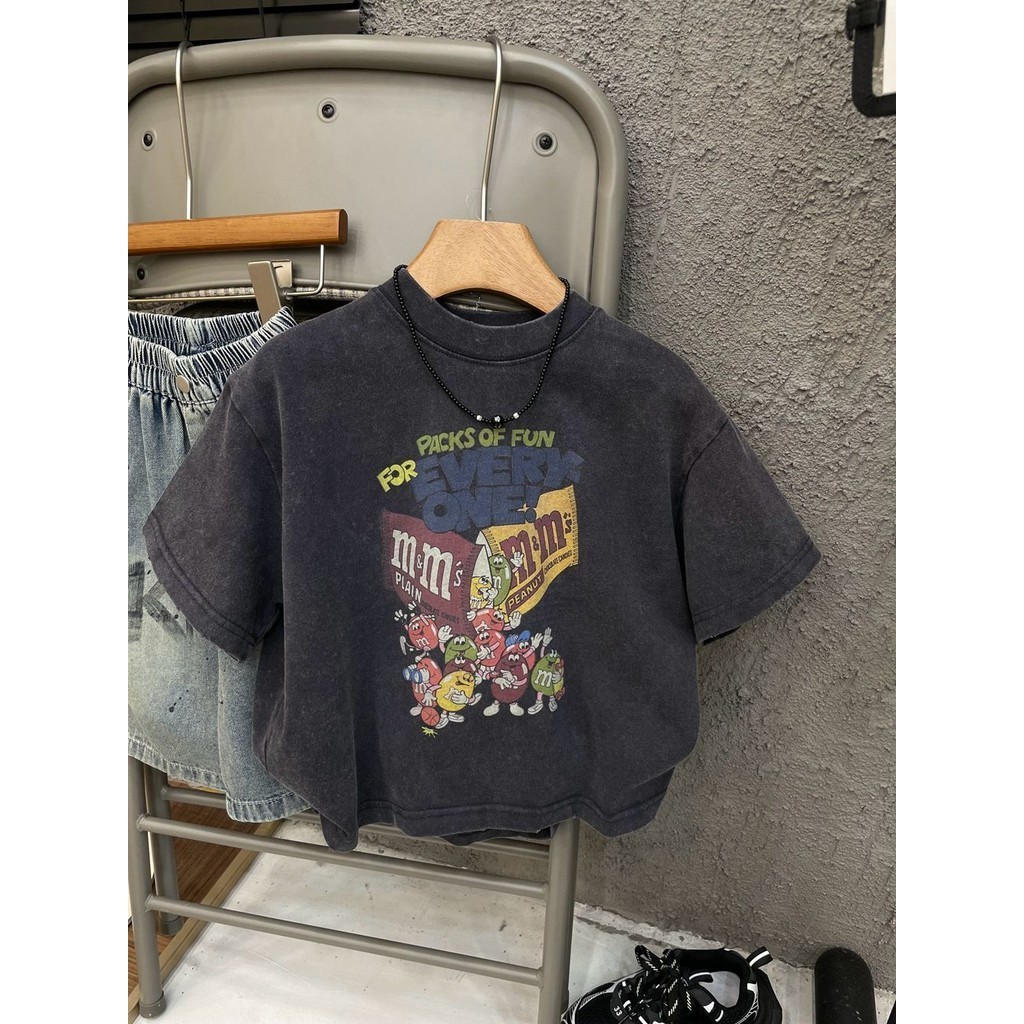 ฤดูร้อนหล่อเด็กชายและเด็กหญิงสมัยเก่าเกาหลีผ้าฝ้ายแขนสั้นหลวมเสื้อยืดการ์ตูนพิมพ์ด้านบน - รูปที่ 2