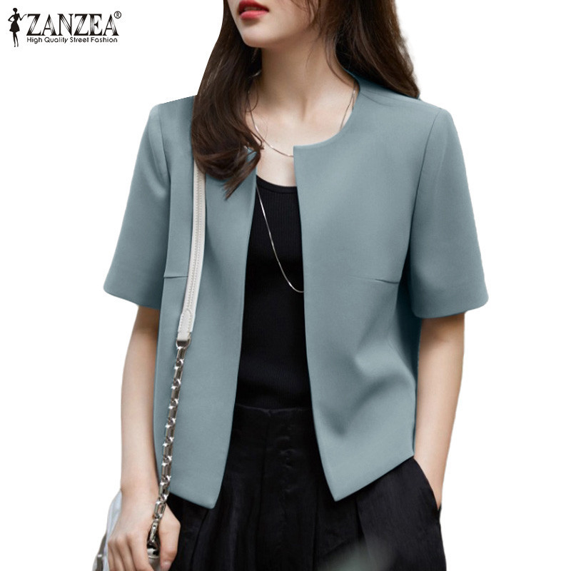 Zanzea ผู้หญิงแขนสั้นคอลูกเรือสีพื้นเกาหลีไม่มีปุ่ม Blazer